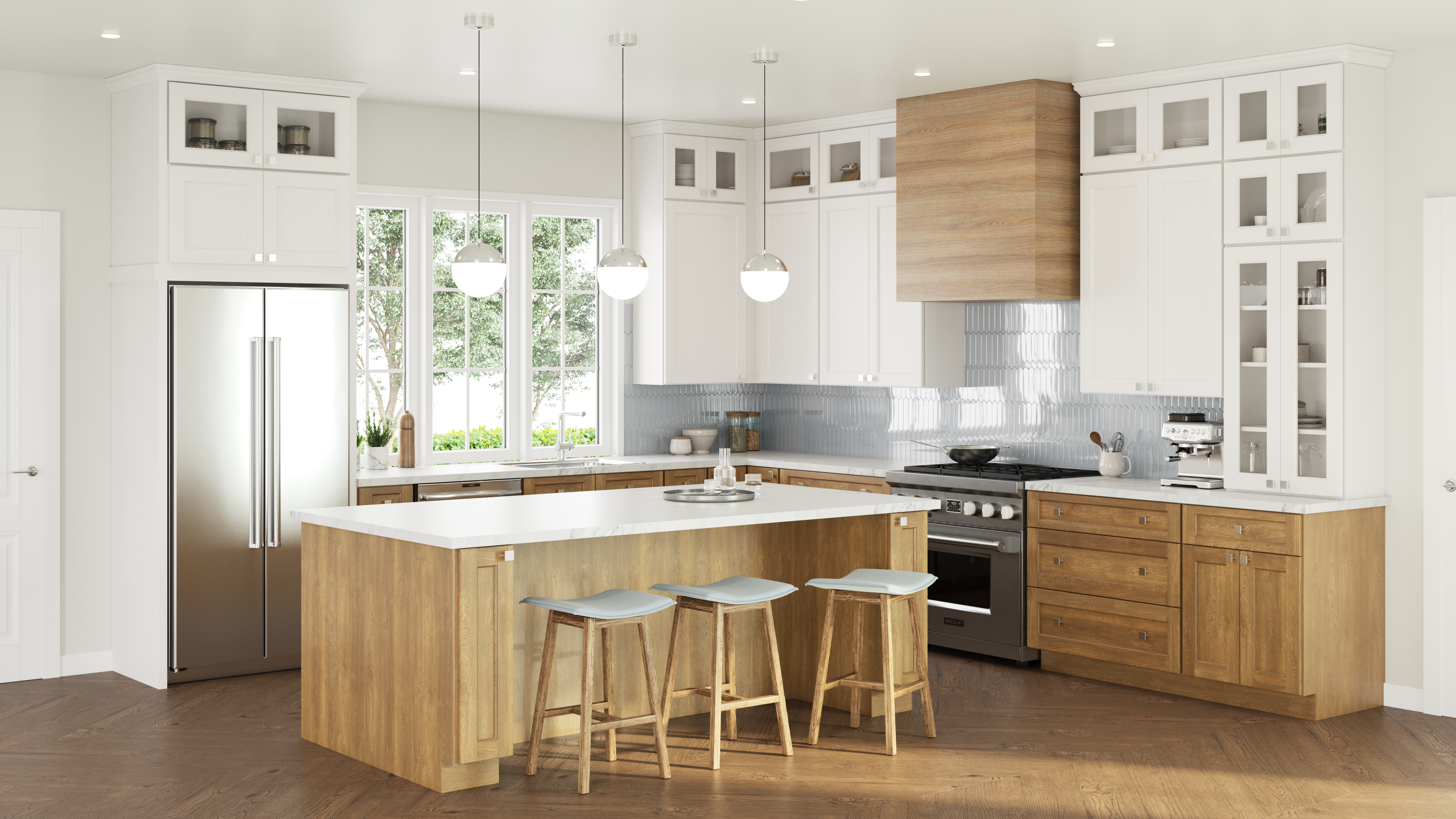 Modern two-tone fawn and white frameless kitchen cabinets