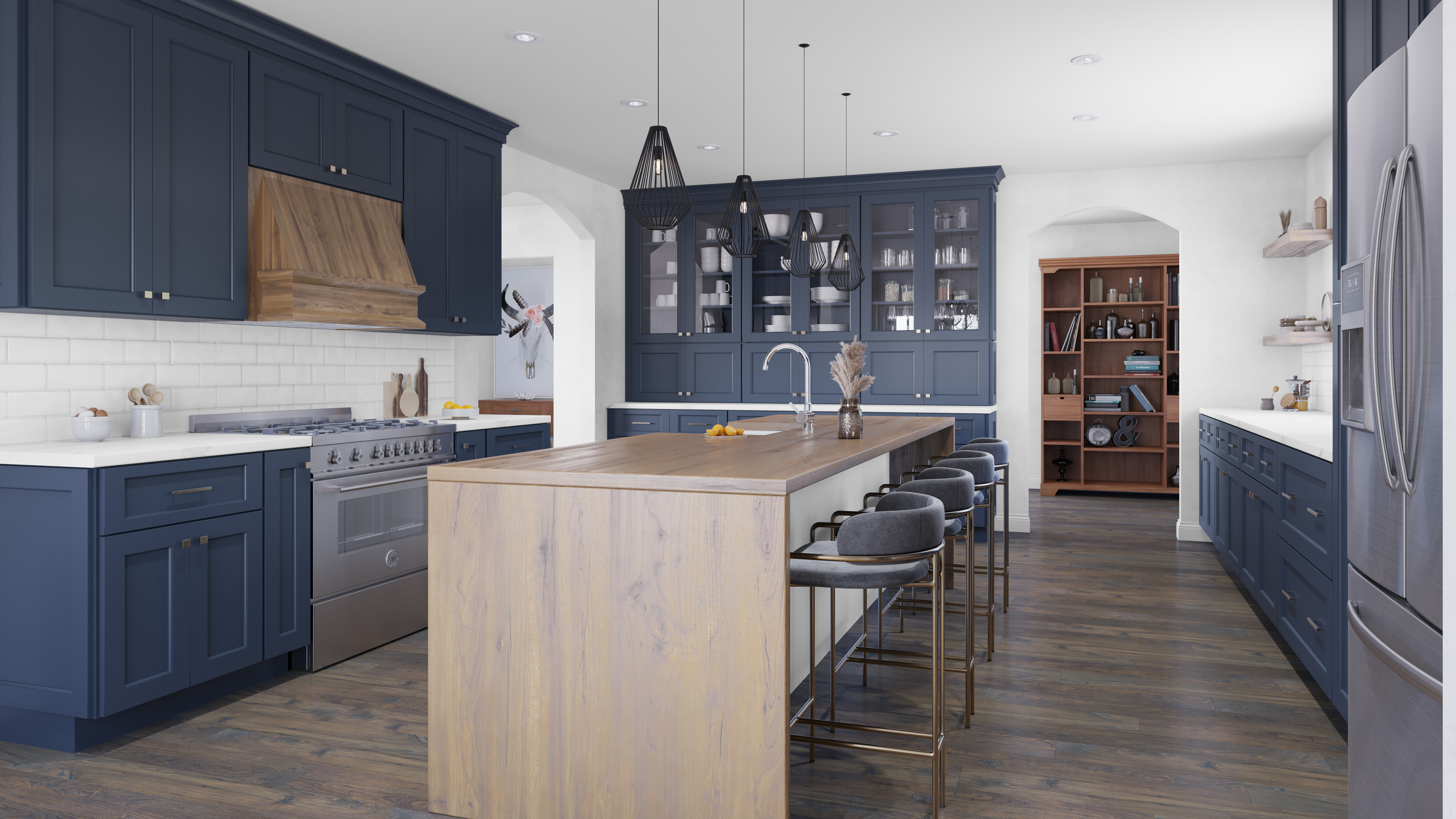Modern midnight blue frameless kitchen cabinets with wood island