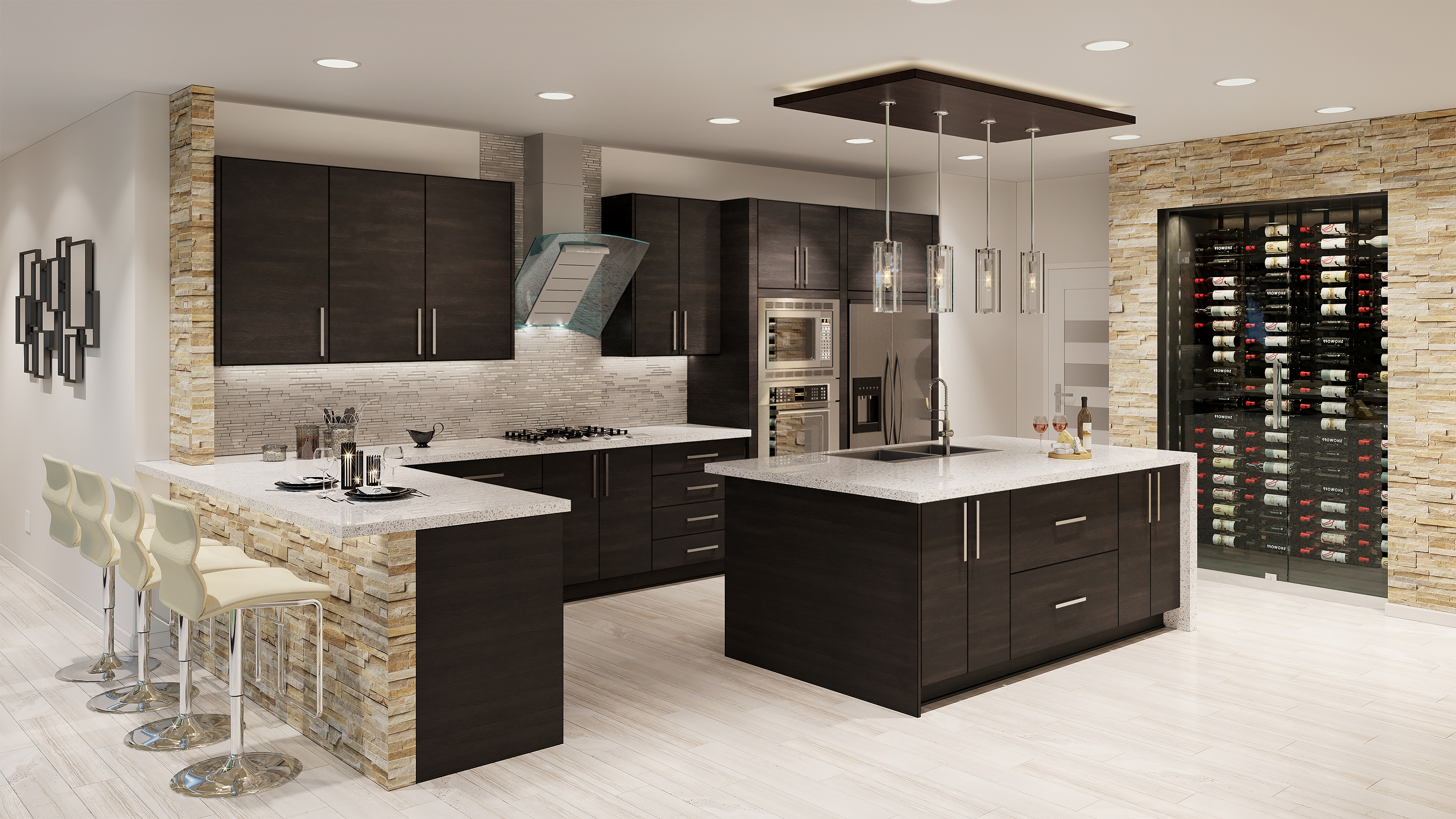 Contemporary dark wood frameless kitchen cabinets with stone accents