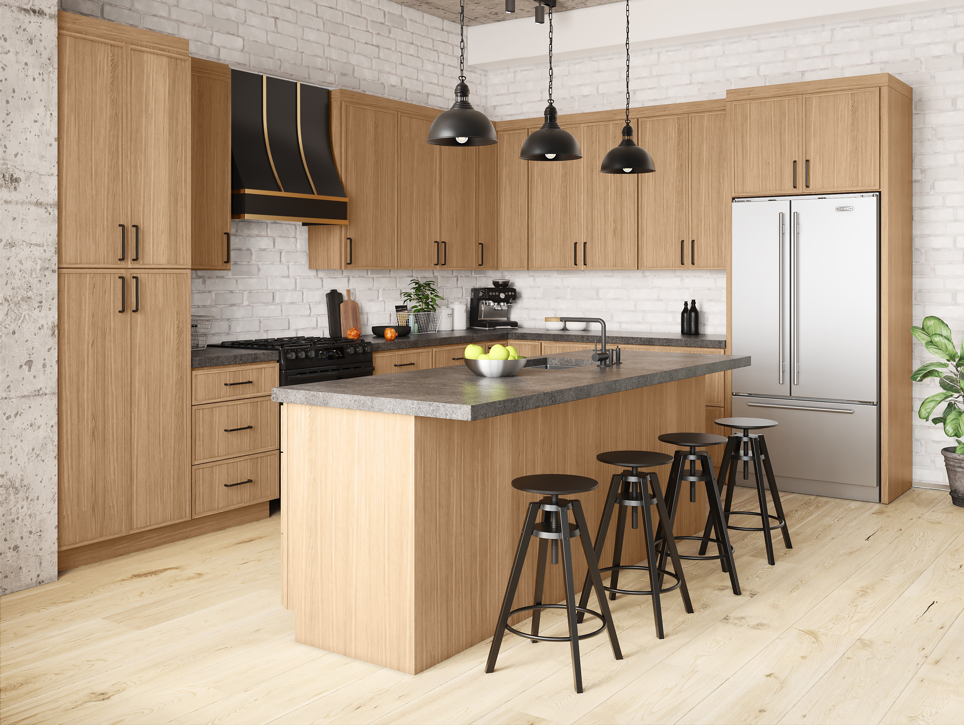 Scandinavian oak kitchen cabinets with industrial accents