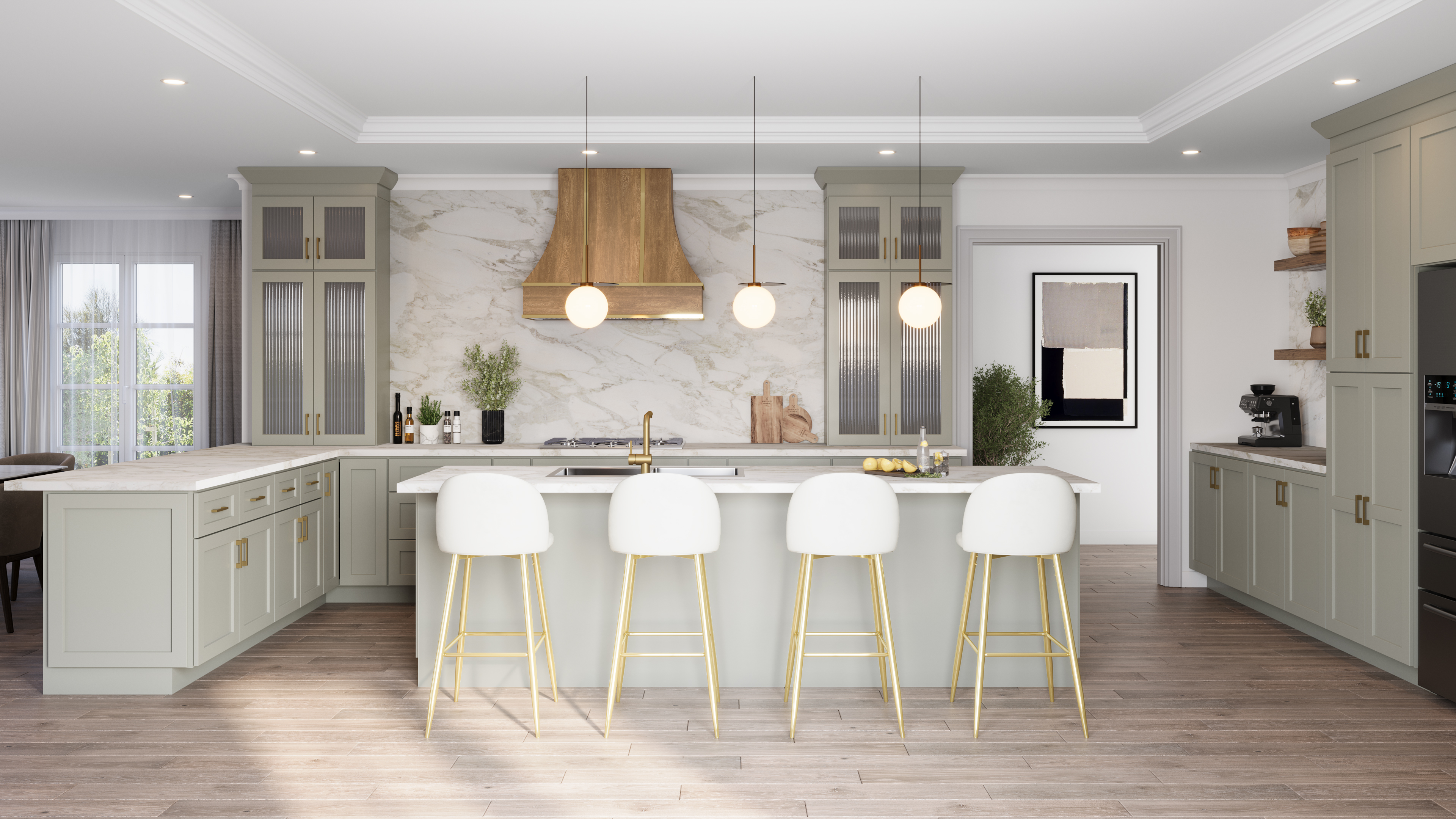 Classic moss green shaker kitchen cabinets with marble backsplash