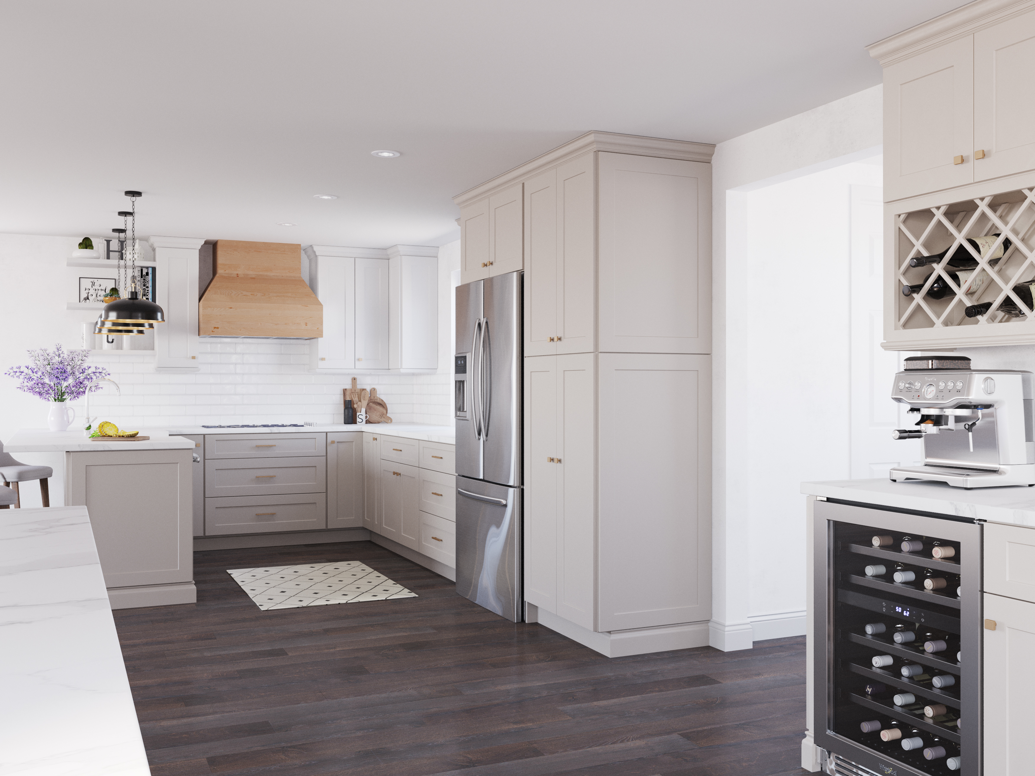 Classic sand shaker kitchen cabinets with wine storage