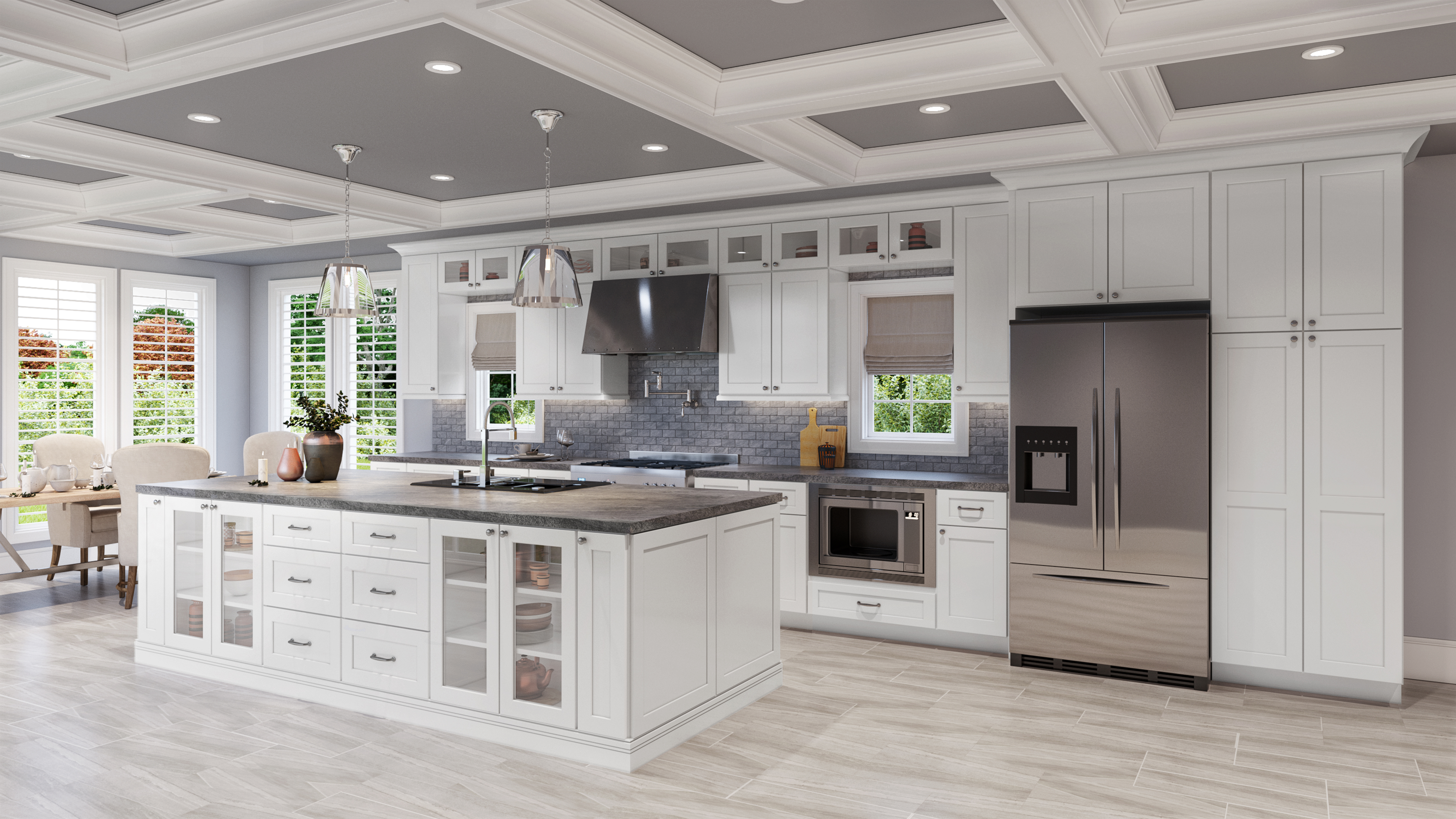 Traditional white raised panel kitchen cabinets with glass doors